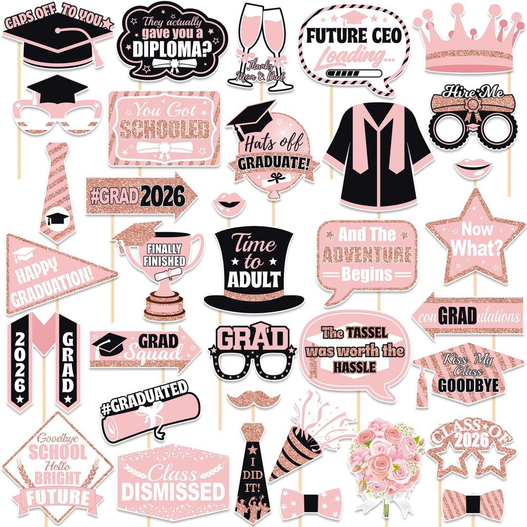 YEIRFYY 35 Pieces Pink Rose Gold Graduation Photo Booth Props Class of 2026 Graduate Photobooth Sticks Preschool Kindergarten Elementary Middle School High School Congrats Grad Party Decorations