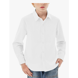 Haloumoning Boys Pleated Front Long Sleeve Dress Shirts Kids Button Down School Uniform Shirt 14 Years