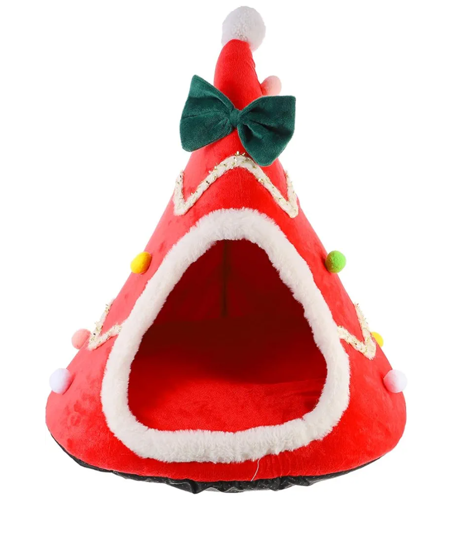 Creative Christmas Tree Shape Warm Pet Nest for Cats and Dogs for Holiday Decor. Red And Green Color