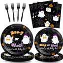 96PCS Halloween Gender Reveal Party Decorations Booy or Ghoul Ghost Tableware Set Supplies for 24 Guests Halloween Gender Reveal Plates Napkins Forks for Boys or Girls Baby Shower Party Favors