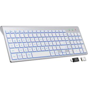 SABLUTE Wireless Keyboard with 7 Colored Backlits, Rechargeable Silent Compact Cordless Computer Keyboard with Low Profile Quiet Light Up Keys for Windows, PC, Linux, Chrome, Mac (Silver)