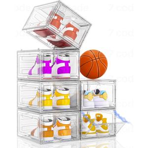 Thickened Clear Shoe Storage Organizer with Magnetic Door, Sturdy Stackable Shoe Boxes for Closet, Collapsible Space-Saving Shoe Rack for Sneakers & Boots, Plastic Shoe Cabinet Box Set, 6 Pack, White
