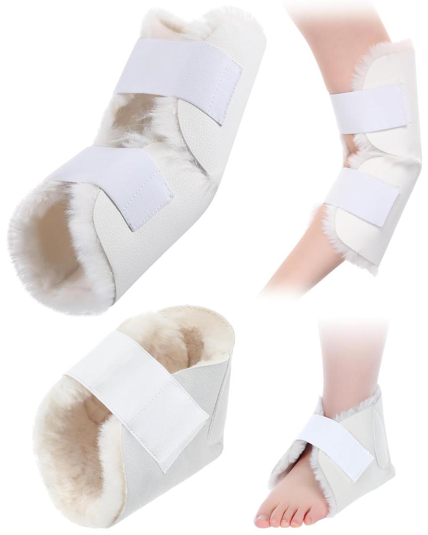 TrelaCo 2 Pcs Elbow and Heel Protector Medium Sheepskin Heel Arm Cushions Pads Adjustable Sleeping Elbow Protectors for Elderly Pressure Sore Bed Ulcers Pain Relief