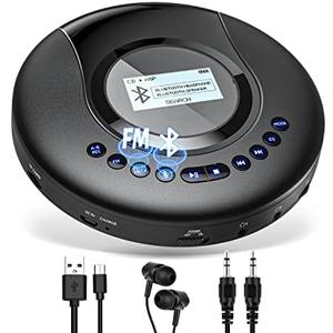 ARAFUNA Portable CD Player Bluetooth with FM Radio, 2000mAh Rechargeable CD Player for Car with LCD Screen, Anti Shock Protection Compact Player with Headphone, AUX Cable