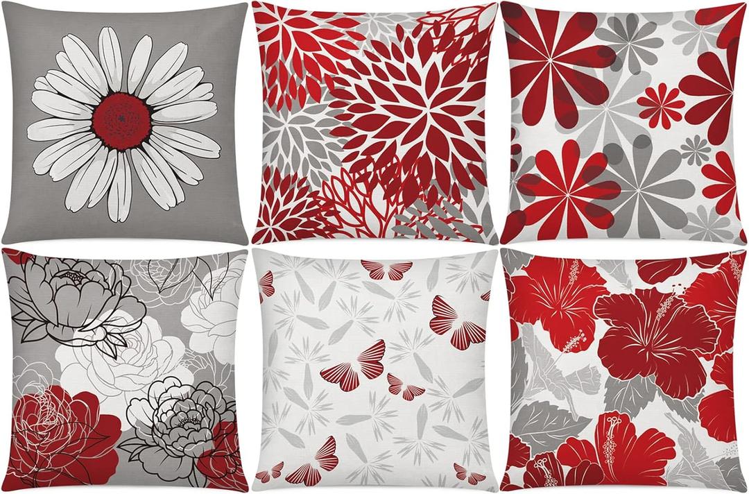 COMMINY Red Grey Pillow Covers 18x18 Set of 6 Decorative Burgundy Daisy Throw Pillow Cover for Couch Modern Farmhouse Cushion Pillow Case for Living Room Patio Home Decor