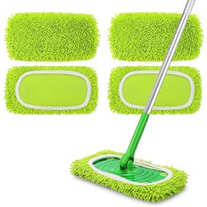 NEWE Reusable Microfiber Mop Pads Compatible with Swiffer Sweeper, 4 Pack Washable Wet Refills, Dry Sweeping Cloths for Cleaning Floors (Handle Not Included)