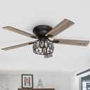52 inch Flush Mount Black Ceiling Fans with Light Remote Control, 5 Reversible Blade Farmhouse Low Profile Ceiling Fan with Crystal Lighting Chandelier for Bedroom Living Room (Black)