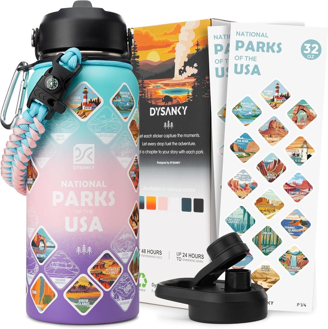 DYSANKY National Parks Water Bottle 32 oz Insulated Stainless Steel Water Jug with 65 Park Stickers, Outdoor Accessories & Gift Box BPA-Free Ideal for Hiking, Camping & Travel