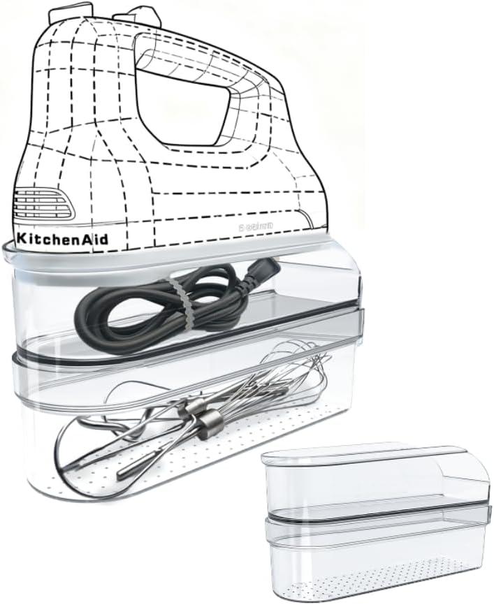 Hand Mixer Storage Case for KitchenAid KHM5/ KHM6/ KHM7/ KHM9 Series Ultra Power Speed Hand Mixers, Double layer Crylic Transparent Storage box (Tools and mixer not included)