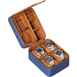 ROTHWELL 5 Watch Travel Case Storage Organizer for 5 Watches | Tough Portable Protection w/Zipper Fits All Wristwatches & Smart Watches Up to 50mm (Blue/Tan)