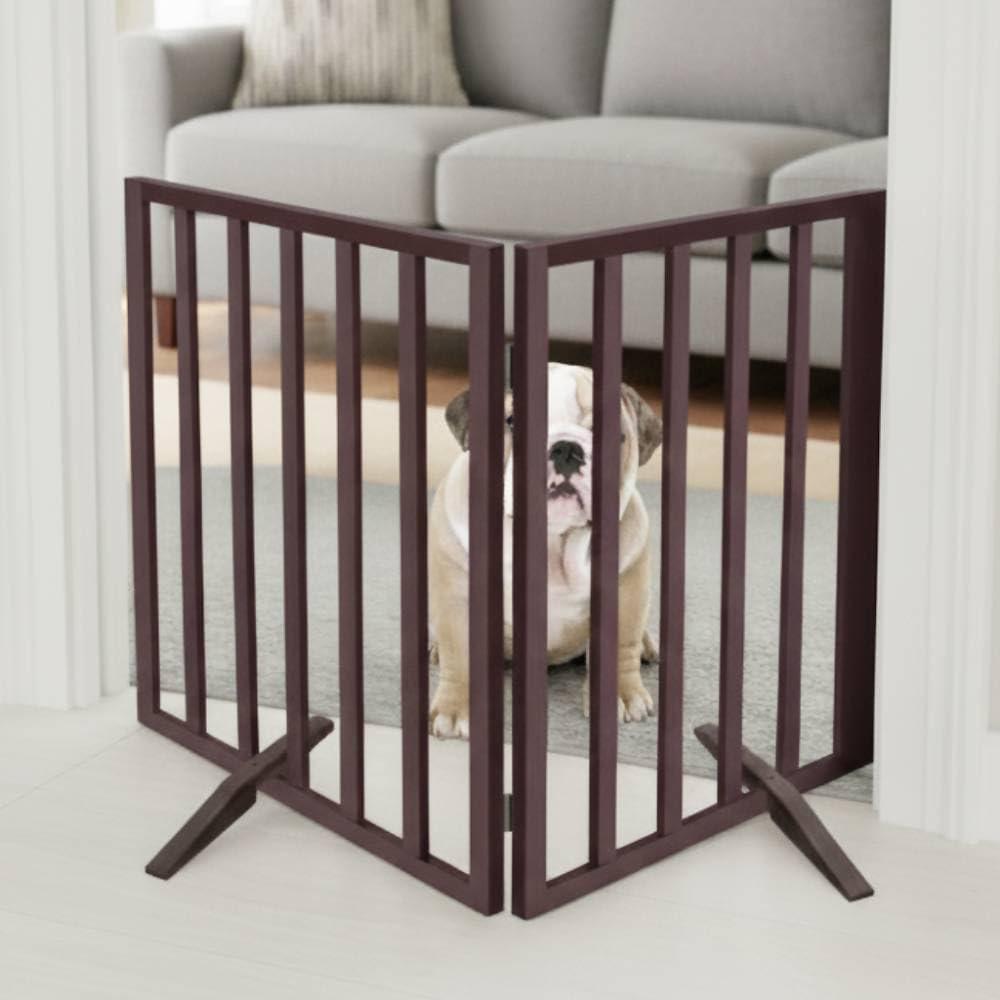 Japard Dog Gate 2 Panels - Foldable Indoor Fence Freestanding with Support Feet, 24 in Tall 35.4" Wide, Suitable for Small Pets, Cats, Rabbits, Puppy, Wood Brown