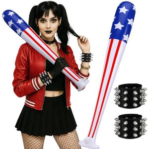 2 x 3 Pcs Halloween Women Jester Costumes Accessory Set Inflatable Baseball Bat Spike Leather Punk Cuff Bracelet Women