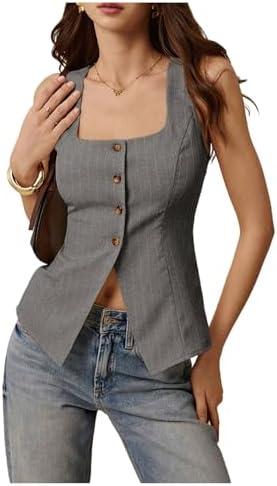 Floerns Women's Elegant Striped Tank Top Button Down Square Neck Business Casual Blouse Top