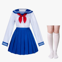 Japanese School Girls Uniform Sailor Navy Blue Pleated Skirt Anime Cosplay Costumes Size L