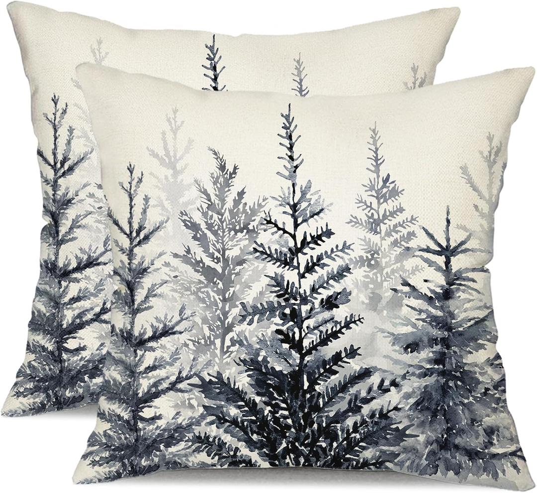 DFXSZ Christmas Pillow Covers 16x16 inch Set of 2 Watercolor Black Grey Christmas Tree Rustic Style Nature Forest Print Decorative Throw Pillows Winter Christmas Decor TH-32B16