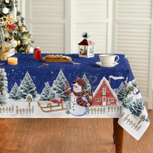 Horaldaily Christmas Tablecloth 60120 Inch Rectangular, Winter Snowman House Christmas Trees Blue Washable Table Cover for Party Picnic Dinner Decor