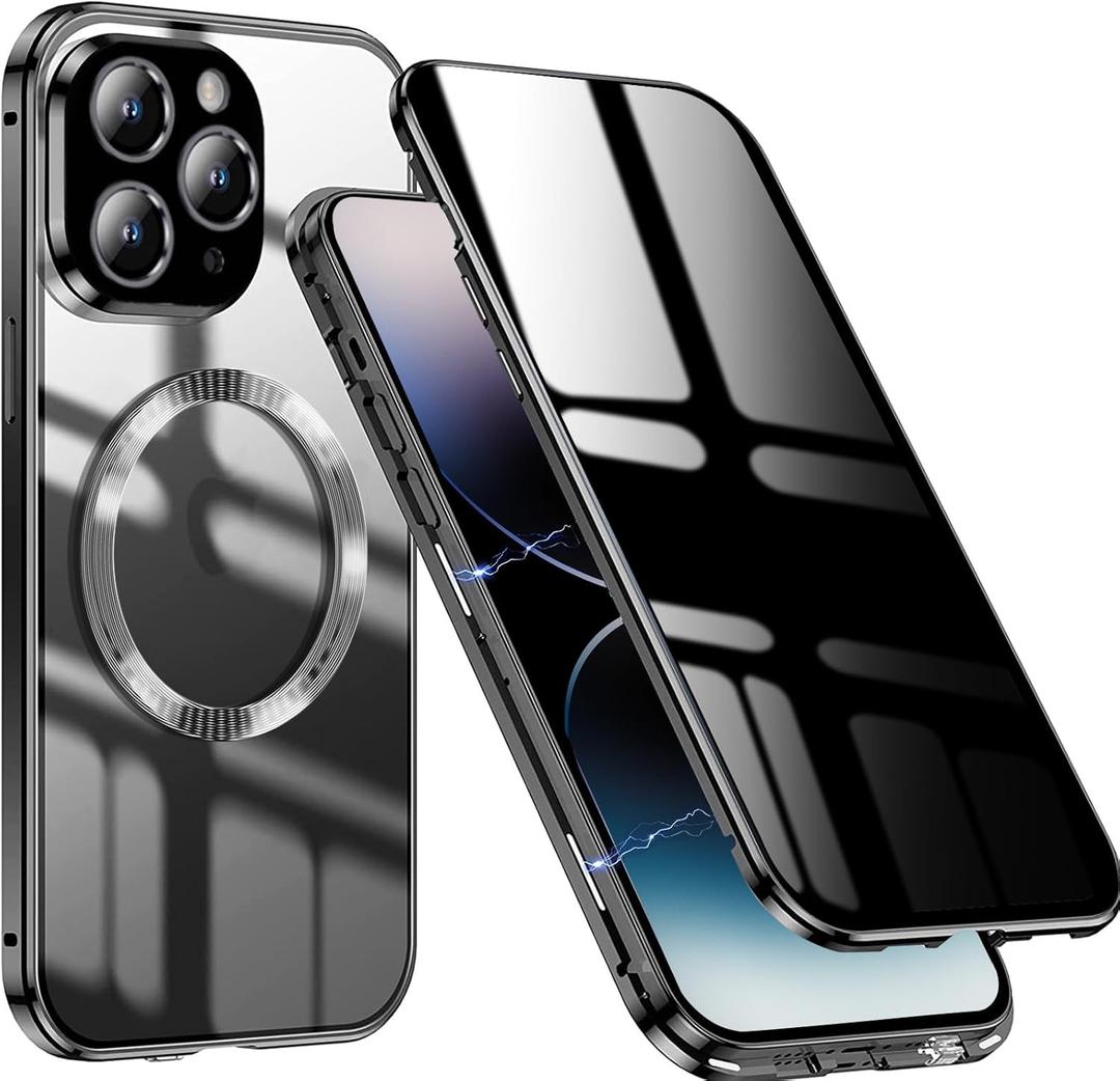 Magnetic Privacy Case for iPhone 14 Pro Max,Anti Peeping Tempered Glass Screen Protector Double Sided Protection Full Body Metal Bumper Anti-spy Phone Cover Compatible with Magsafe, Black