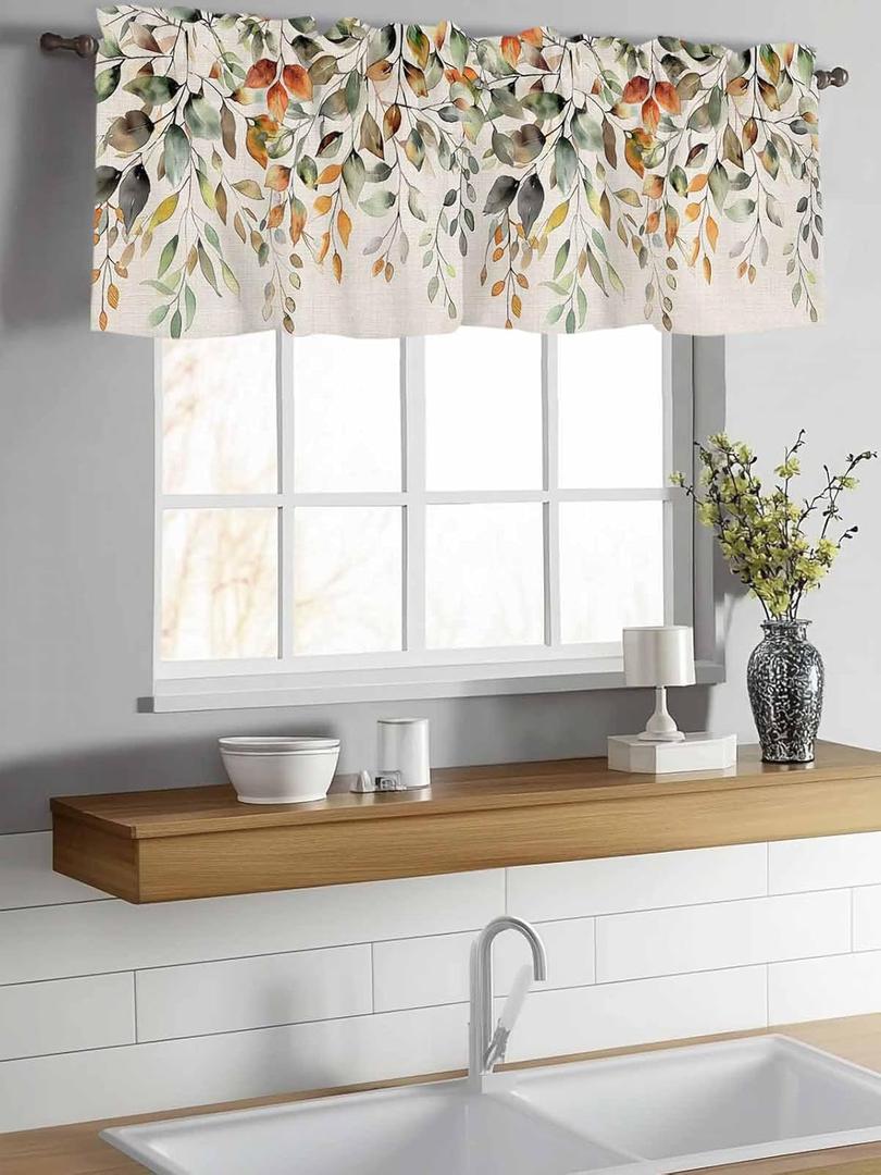 Kitchen Valance for Windows,Sage Green Eucalyptus Orange Gradient Rod Pocket Valances Curtain Window Topper,Fall Leaves Vintage Linen Curtain Valance for Bedroom Bathroom Living Room Cafe 54x18in