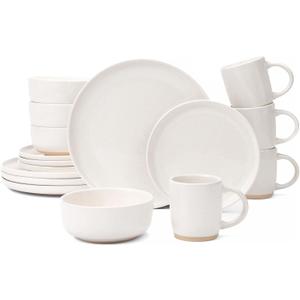 OTAGO 16-Piece Stoneware Dinnerware Set for 4 with Mugs, Plates and Bowls Sets with Partially Unglazed Base, Scratch Resistant Ceramic Dish Set, Microwave & Dishwasher Safe for Kitchen,White