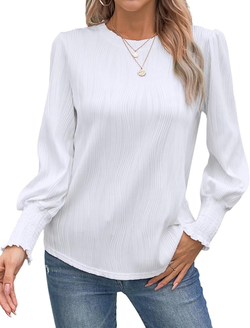 CiCiBird Women Casual Textured Tops Dressy Long Sleeve Solid Shirt Trendy Crewneck Work Blouses (White, M)