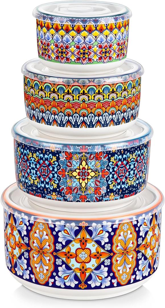 vancasso Serving Bowls with Lids Set of 4, Ceramic Nesting Mixing Bowls for Food Storage, Prep and Stackable, Dishwasher & Microwave Safe Gift Set, 60/36/20/10 OZ, Series SIMI (Bohemian)