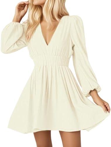 Make you perfect Women Deep V Neck Flowy A-line Sexy Midi Dress Long Sleeve High Rise Elastic High Waisted Casual Dress 2025 L