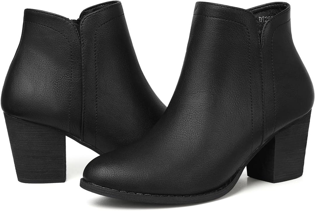 SHIBEVER Women's Ankle Boots Heel: Black Chunky Block Heels Slip On Almond Toe Boots Side Zip Leather Booties, 7.5