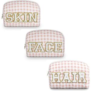3pc Checker Makeup Cosmetic Bag Preppy Patch Travel Pouch for Women Chenille Letter Patch Small Portable Cosmetic Bag (Pink & White) (Bag Without Handle)