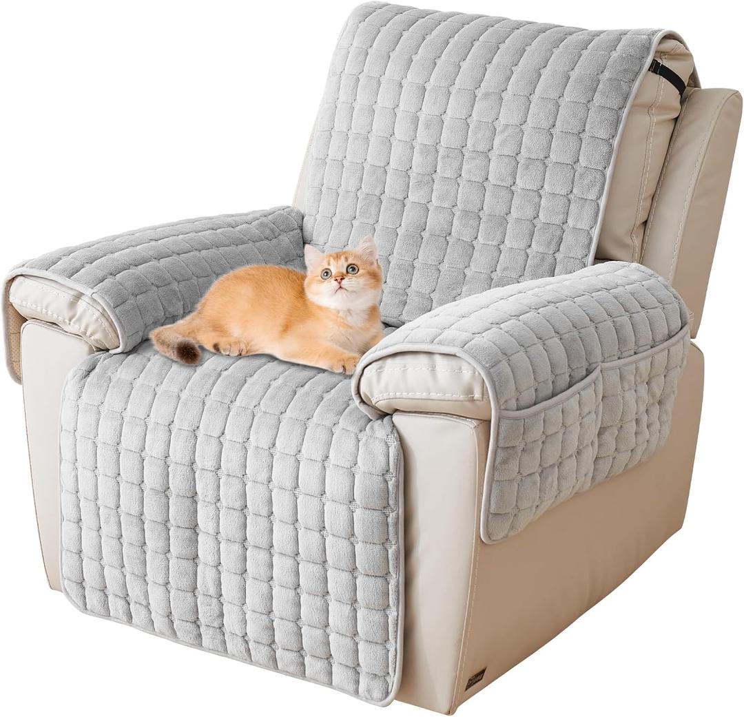 Plush Recliner Slipcover 30 Inches Washable Chair Covers Artificial Wool Lazy Boy Cover Quilted Cover for Recliner Chairs and Furniture,Large Taupe Chair Protector with Side Pocket for Kids/Pets (Grizzly)