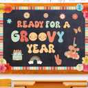 Supervitae 71Pcs Groovy Retro Bulletin Board Decoration with 3D Orange Pink Paper Fans Hippie Classroom Decoration Set Boho Ready for A Groovy Year Hippie Bulletin Board Kit School Bus Cutouts