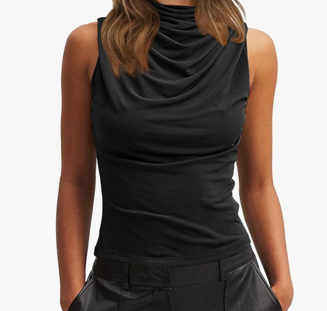 Tankaneo Womens Sleeveless Tank Tops Slim Fitted Mock Neck Draped Stretchy Summer Casual Ruched Tops
Size Small