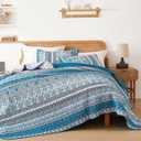 WONGS BEDDING Boho Quilt Set Queen Size, Teal Blue Bohemian 3 Pieces Quilt Sets, Lightweight Bedspread Coverlet Bedding Set for All Season (96"x90")