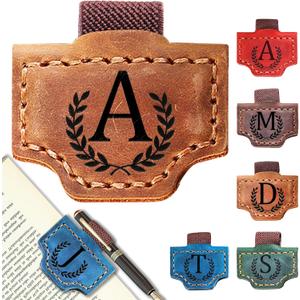Personalized Leather Magnetic Bookmark with Pen Holder, Bookmark 26 Letters Name Initial Bookmarks for Readers, Book Lover Gifts for Women Men Notebook Accessories (Brown, A)
