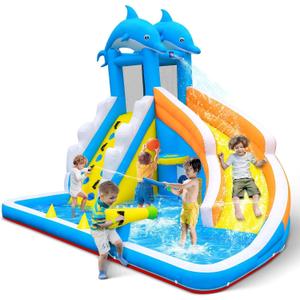 TOAOB Inflatable Water Slide,5 in 1 Dolphin Inflatable Bounce House for Kids- Climbing Wall Splash Pool Water Cannon Basketball Rim - 480W Blower - for Indoor Outdoor Backyard Birthday Party TOAOB Inflatable Water Slide,5 in 1 Dolphin Inflatable Bounce House for Kids- Climbing Wall Splash Pool Water Cannon Basketball Rim - 480W Blower - for Indoor Outdoor Backyard Birthday Party