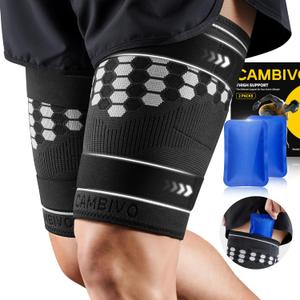 CAMBIVO Thigh Compression Sleeves - Hamstring & Quad Support with Hot & Cold Gel Pack - Upper Leg Braces for Sciatica Pain Relief, Pulled Muscle Strains, Two Adjustable Non-Slip Straps (Small, Black)