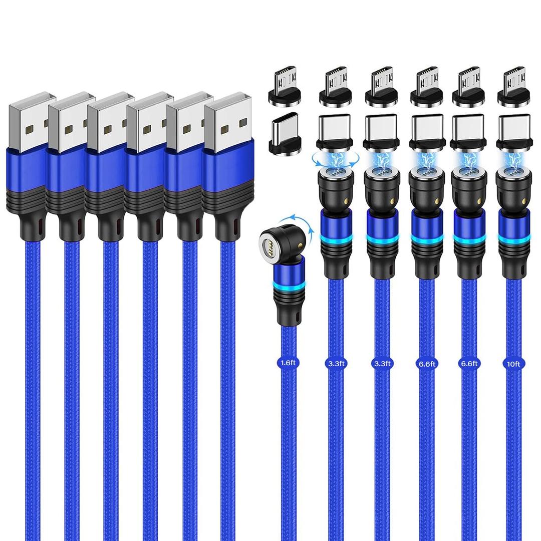 Magnetic Charging Cable (6-Pack,1.6+3.3+3.3+6.6+6.6+10ft) 540 Rotation Magnet Phone Charger USB C Cable 3A Fast Charging Magnetic Charger Cable with LED Light for Micro USB Type C Device