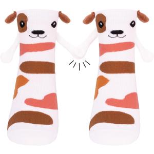 Funny Animal Dog Socks for Women Novelty Magnetic Hand Holding Socks for Girls Teen Birthday Gifts (One Size, White & Brown)