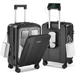 Carry On Luggage with Top Opening, Expandable Hard Shell Suitcase with Front Pocket, Cup Holder & USB Charging Port, Phone Mount, Side Hooks,Spinner Wheels & TSA Lock (Black, 20 inches)