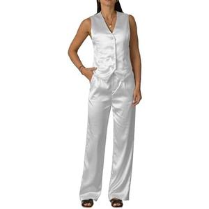Women's 1 Piece Outfits Satin Suit Vest Waistcoat Dressy Casual Sets Wide Leg Pants Suits Size L