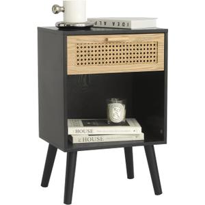 MaxSmeo Mid Century Modern Nightstand, Rattan Side Table with Drawer for Bedside, Living Room, Bedroom and Small Spaces, Black