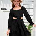 Haloumoning Girls Dresses Long Sleeve Square Neck Crossover Waist Casual A-Line Spring Fall Dress 5-14Y (S)