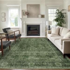 Green Washable Rug for Living Room Vintage Distressed Bedroom Rug