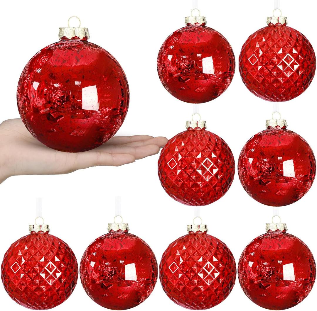 Syhood 8 Pcs 4" Large Christmas Balls Ornaments Shatterproof Christmas Tree Vintage Mercury Finish Plastic Balls Hanging Decorations for Xmas Trees Wedding Party Holiday Decorations(Red)
