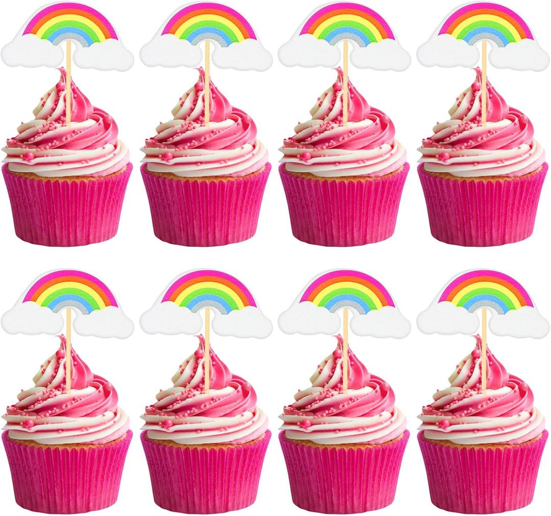 36 PCS Rainbow Cake Topper, Rainbow Cupcake Topper, Colorful Baking Cake Decorations Rainbows Party Cakes Toppers Insert Cupcake Picks for Girl Boys Baby Shower Birthday Party Baking
