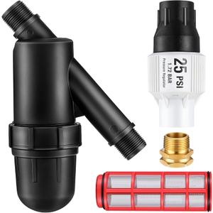 Drip Irrigation Pressure Regulator and Filter, 25 PSI Water Backflow Preventer for 3/4'' Garden/Faucet Hose Thread and Drip Irrigation Inline Y Filter, 3/4" x 3/4" FHT Hose Thread Connections