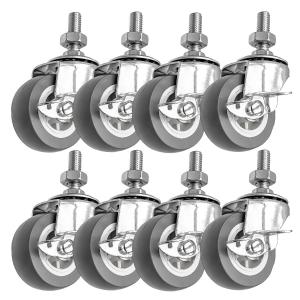 FactorDuty 2 Inch Grey Caster Wheel 3/8"-1.2" Threaded Stem Mount Caster Wheel With Locking Brake Polyurethane Wheels Premium Non Marking No Noise 65LB Per Wheel (Pack of 8) (2" Stem Side Brake)