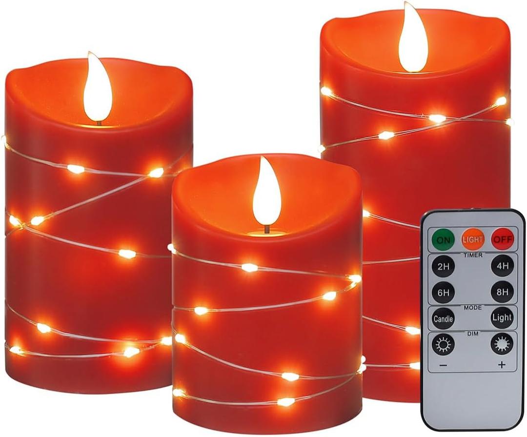 Flameless Candle Battery Powered Embedded Light String LED Candle 11 Key Remote Control and Timer Function Flashing Flame Candle 3-Piece Set (red) (Red-bevel-2A)