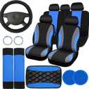 Sinmoe 17 Pcs Car Seat Covers Full Set, Steering Wheel Cover Center Console Pad Armrest Cover Seat Safety Belt Pad Seatbelt Covers Cup Mats Car Emblem Ring Sticker Accessories Set(Black, Blue)