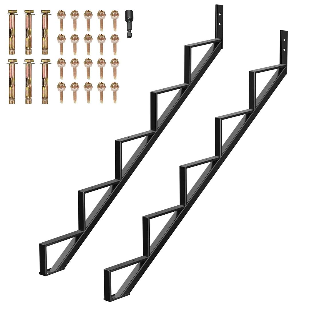2PC Steel Stair Riser 5-Step, Metal Stair Stringer Load Capacity 3000 Lbs for Outdoor Stairs, Metal Steps for Deck Height 43.6", Anti-Rust Powder Coating, Black
