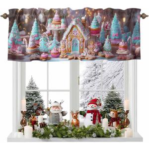Valances for Windows Christmas Gingerbread House Gingerbread Man Cake Candy Kitchen Curtains Valances Rod Pocket Small Window Treatments Valance Curtains for Living Room Bedroom, 60x18 Inch (White Cherry Pink Turmeric)
